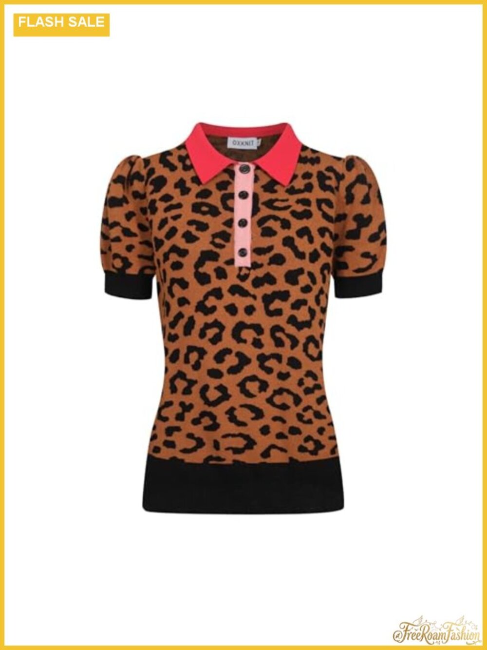 Women's Knit Polo Shirt Short Sleeve Vintage Leopard Print Quarter Button